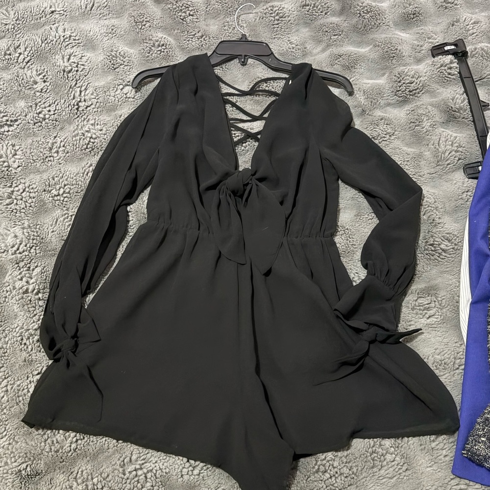 Black Long Sleeve Romper with Tie Front